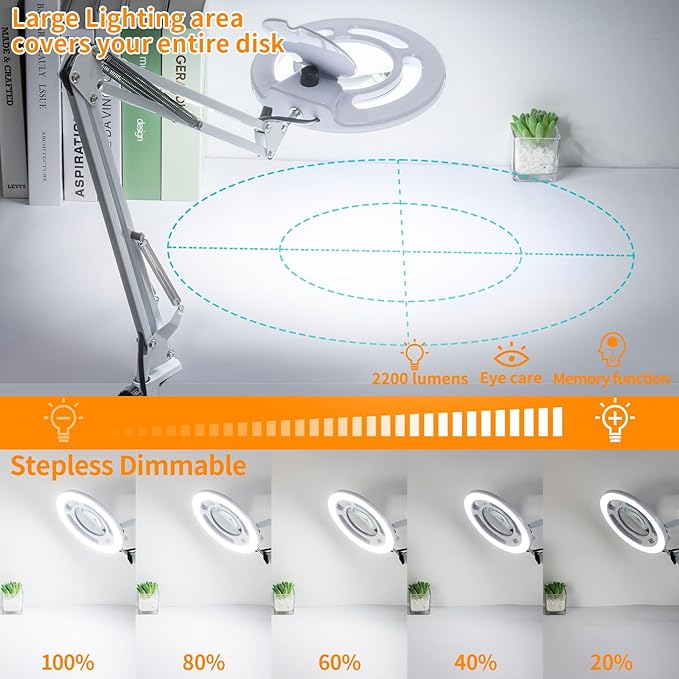 HITTI 10X Long Magnifying Glass with Light and Stand, 2200 Lumens Dimmable Bright Workbench Light, Ajustable Swing Arm LED Lighted Magnifier, Magnifying Lamp with Clamp for Hobby Repair Craft - White