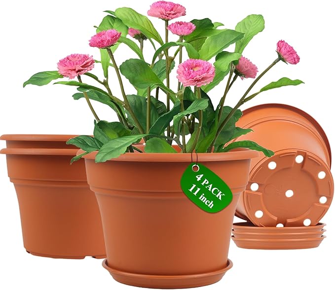 11 Inch Plastic-Flower-Pot-for-Indoor-Plants, 4 Pack Large Outdoor Planter Pot with Drainage Holes & Saucers, Resin Decorative Garden Pots Planters