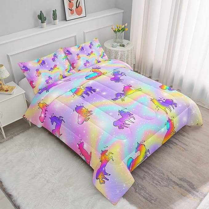 Datura home Unicorn Rainbow Comforter Bedding Set for Girls Kids Children Teens,Sky Glitter Star Colorful Bedding Set with 1 Comforter and 2 Pillowcases(Unicorn3 Full)