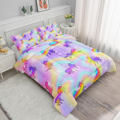 Datura home Unicorn Rainbow Comforter Bedding Set for Girls Kids Children Teens,Sky Glitter Star Colorful Bedding Set with 1 Comforter and 2 Pillowcases(Unicorn3 Queen)