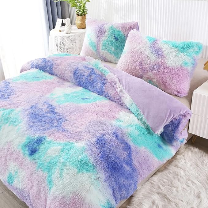 WINLIFE Shaggy Bedding Comforter Set Faux Fur Flannel Furry Comforter Plush Comforter Sets Pastel Gradient Ombre Tie Dye Purple Blue Teal Bedding for Girls Adults (3Pcs, Twin, Teal Purple)