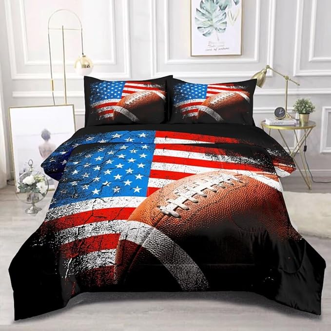 American Football Comforter Set for Boys Teens,Kids Sports Bedding Set Twin Size,USA Flag Football Printed Bedroom Sets with 2 Matching Pillow Shams