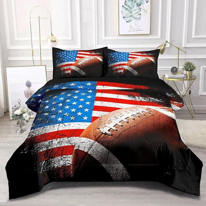 American Football Comforter Set for Boys Teens,Kids Sports Bedding Set Twin Size,USA Flag Football Printed Bedroom Sets with 2 Matching Pillow Shams