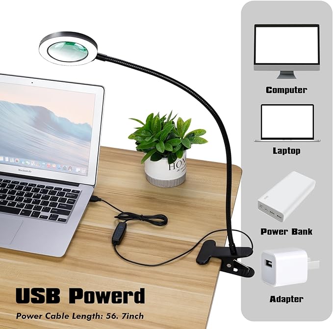 Desk Magnifying Glass with Light 5X, Clip on Desk Light with 3 Light Color, 5w LED Desk Lamp with Clamp 10 Adjustable Brightness, Flexible Gooseneck Craft Light Desk Lamps for Home Office