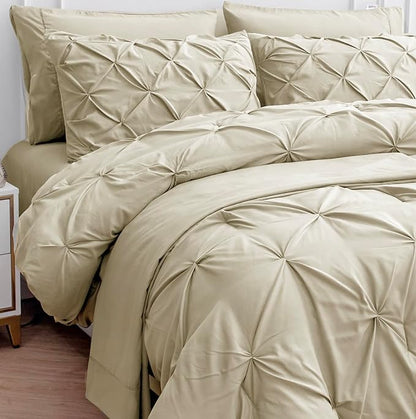 LANE LINEN King Comforter Set, 7 Piece King Size Bedding Set, Pintuck King Size Comforter Set with Sheets, Pillowcases & Shams, Soft King Bed in a Bag Set, King Size Bedding Set, King Bed Set - Linen
