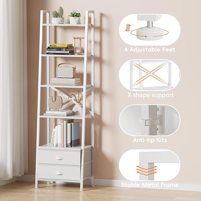 Furologee 5-Tier Ladder Shelf with 2 Drawers,Narrow Bookshelf Storage Shelves,Industrial Bookcase Freestanding Shelf Units for Bedroom,Living Room,Bathroom,Home Office,Balcony,Wood Metal, White
