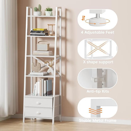 Furologee 5-Tier Ladder Shelf with 2 Drawers,Narrow Bookshelf Storage Shelves,Industrial Bookcase Freestanding Shelf Units for Bedroom,Living Room,Bathroom,Home Office,Balcony,Wood Metal, White