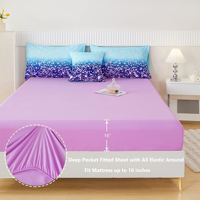 PERFEMET 6Pcs Full Size Comforter Sets for Girls Blue Purple Ombre Rainbow Kids Bedding Set Colorful Tie Dye Glitter Teen Girls Bedroom Decor Bed in A Bag