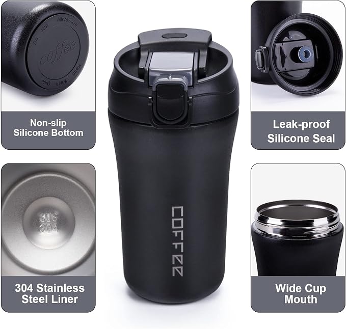 14 oz Travel Coffee Mug, 2 Pack Vacuum Insulated Stainless Steel Tumbler | Spill proof coffee travel mug with lid & straw for hot & cold drinks. Great gift for men & women (Black Grey)