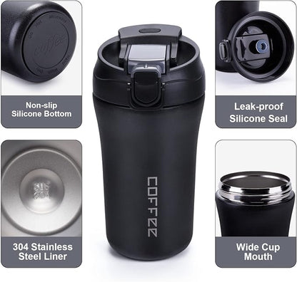 14 oz Travel Coffee Mug, 2 Pack Vacuum Insulated Stainless Steel Tumbler | Spill proof coffee travel mug with lid & straw for hot & cold drinks. Great gift for men & women (Black Grey)