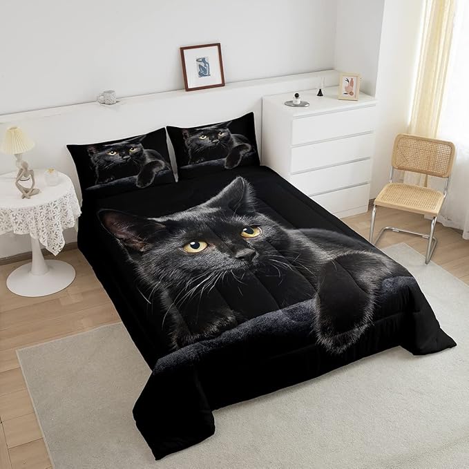 Cat Comforter Bedding Set King for Girls Kids,Black Cat Lying On The Black Sofa Pattern Printed Bedding Set,Black Comforter Set,Pet Animal Comforter Soft Breathable Quilt with 2 Pillowcases
