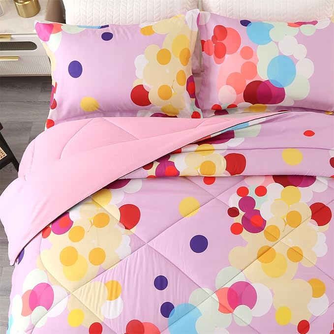 ENCOFT Pink Comforter Set Full for Girls and Boys Premium 3 Piece Rainbow Colorful Bubbles Bedding Set Kids Bed in A Bag All Season Comfortable for Teens and Adults with 1 Comforter and 2 Pillowcases