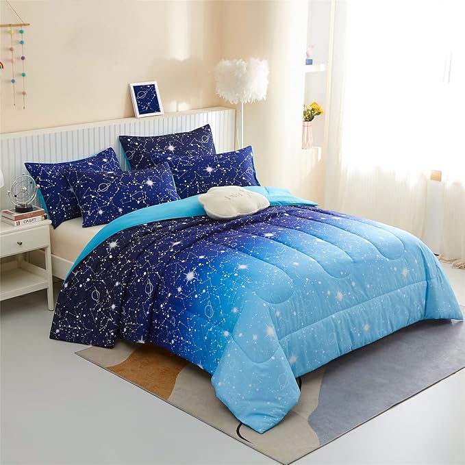 KAKKI Blue Ombre Glitter Galaxy Comforter Set Queen for Boys Girls, Sparkle Constellation Starry Sky Comforter for Kids Teen, 3pc Soft Bedding with 2 Pillow Cases for All Season