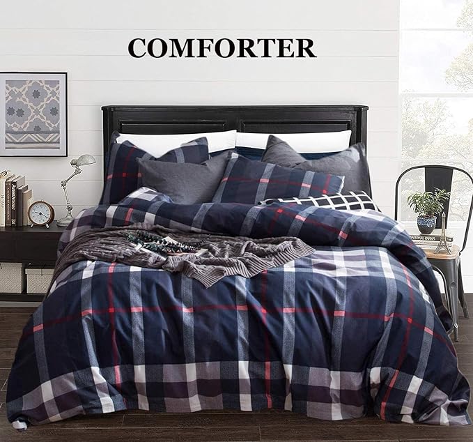 Navy Plaid Comforter Set Cal King Multicolor Checkered Bedding Set Navy Blue Tartan Grid Comforter Striped Women Navy Blue Blanket Cal King Breathable Navy Blue Checkered Bed Comforter Set