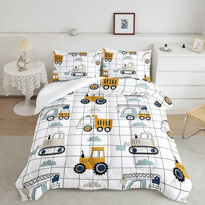 Datura home Construction Truck Set for Boys Kids Children, Machinery Excavators Vehicles Cartoon Tractor Bedding with 1 and 2 Pillowcases(ConstructionTruck Full), Full 80x90inches