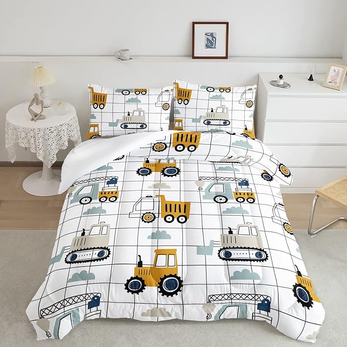 Datura home Construction Truck Comforter Set for Boys Kids Children, Machinery Excavators Vehicles Cartoon Tractor Bedding with 1 and 2 Pillowcases(Construction Queen 90x90inches)