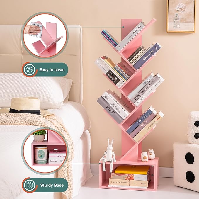 Yoobure Tree Bookshelf - 6 Shelf Retro Floor Standing Bookcase, Tall Wood Book Storage Rack for CDs/Movies/Books, Utility Book Organizer Shelves for Bedroom, Living Room, Home Office Pink