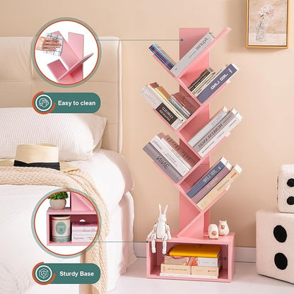 Yoobure Tree Bookshelf - 6 Shelf Retro Floor Standing Bookcase, Tall Wood Book Storage Rack for CDs/Movies/Books, Utility Book Organizer Shelves for Bedroom, Living Room, Home Office Pink
