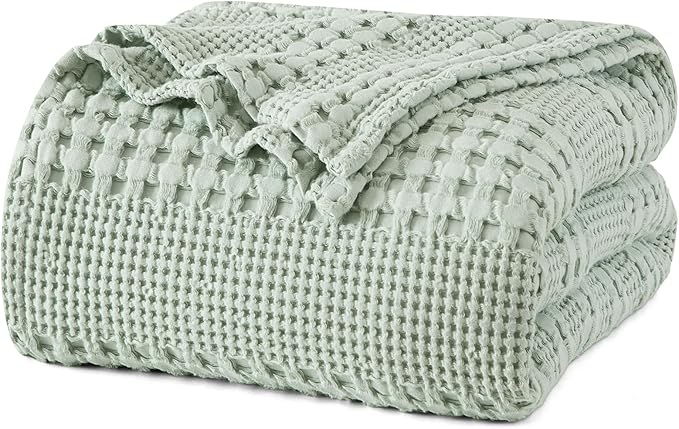 PHF 100% Cotton Waffle Weave Blanket Queen Size, Soft Lightweight Breathable Cozy Summer Blankets for Bed, Luxury Aesthetic Woven Bedding for Home Decor, 90"x90", Sage Green