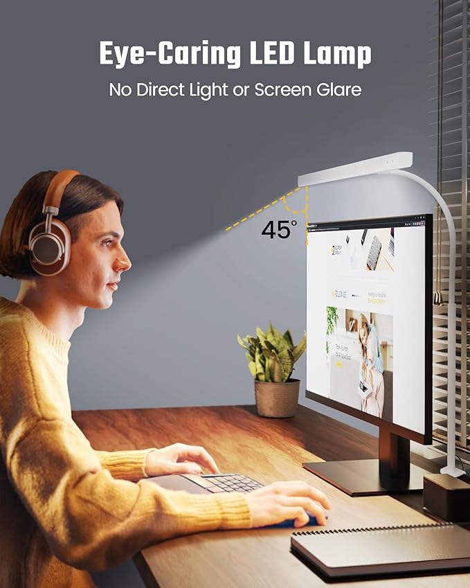 SUPERDANNY LED Desk Lamp for Home Office, Eye-Caring Desk Light with Adjustable Gooseneck, 12W Touch Control Dimmable Brightness, Architect Clamp Lamp with USB Adapter, White