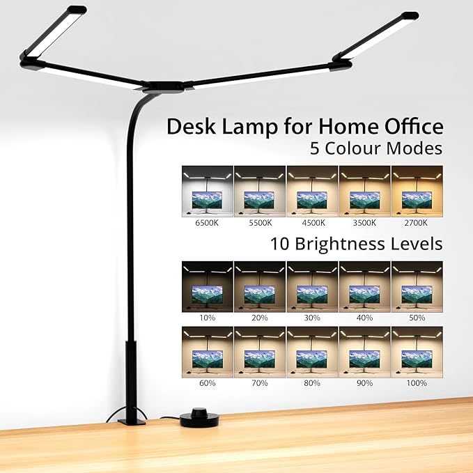 Desk Lamp for Office Home, 4 Heads, 24W Ultra Bright, 5 Colors 10 Bright Levels, Long Flexible Clamp Clip Light, Task Table Lamp with Adapter & Switch Controller, Black