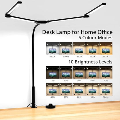 Desk Lamp for Office Home, 4 Heads, 24W Ultra Bright, 5 Colors 10 Bright Levels, Long Flexible Clamp Clip Light, Task Table Lamp with Adapter & Switch Controller, Black