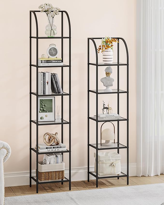 Bookcase Bookshelf, Tempered Glass Arched Bookshelf for More Storage, Slim Shelving Unit for Bedroom, Bathroom, Home Office, Steel Frame, 5 Tier Black BC20599B