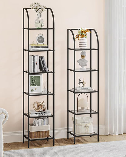 Bookcase Bookshelf, Tempered Glass Arched Bookshelf for More Storage, Slim Shelving Unit for Bedroom, Bathroom, Home Office, Steel Frame, 5 Tier Black BC20599B