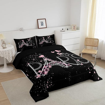 Eiffel Tower Comforter Set Chic Paris Bedding Set Romantic Theme Comforter for Boys Girls Children Teens Black Pink Bedroom Decor Modern French Style Duvet Set Twin Size with 1 Pillow Case