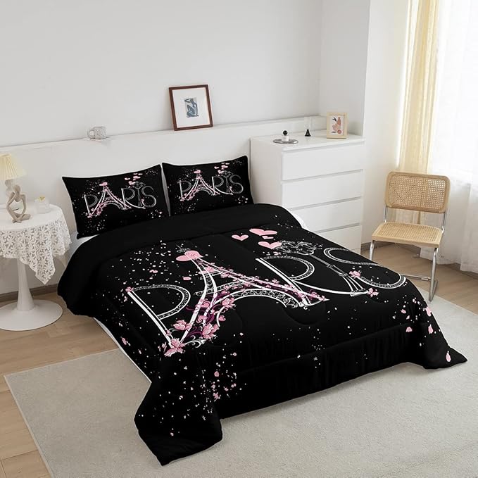 Eiffel Tower Comforter Set Chic Paris Bedding Set Romantic Theme Comforter for Boys Girls Children Teens Black Pink Bedroom Decor Modern French Style Duvet Set Queen Size with 2 Pillow Case