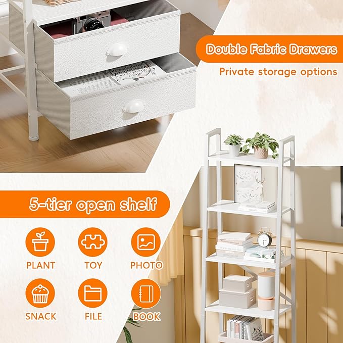 Furologee 5-Tier Ladder Shelf with 2 Drawers,Narrow Bookshelf Storage Shelves,Industrial Bookcase Freestanding Shelf Units for Bedroom,Living Room,Bathroom,Home Office,Balcony,Wood Metal, White