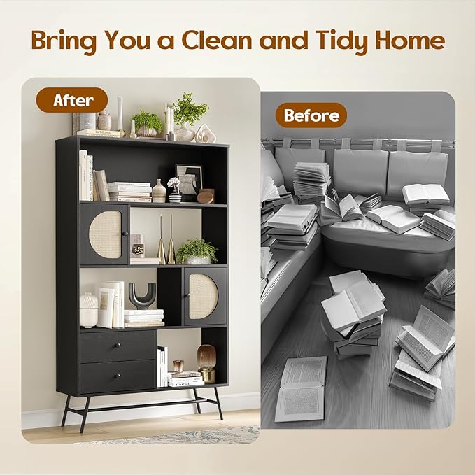 Soohow 4 Shelf Bookcase and Bookshelves with Drawer, 65” Tall Bookcases with Storage Shelves, Bookshelves and Bookcases with Rattan Cabinet and Metal Legs for Home Office, Living Room and Bedroom.
