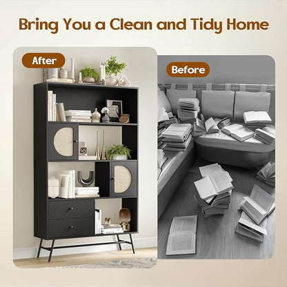 Soohow 4 Shelf Bookcase and Bookshelves with Drawer, 65” Tall Bookcases with Storage Shelves, Bookshelves and Bookcases with Rattan Cabinet and Metal Legs for Home Office, Living Room and Bedroom.