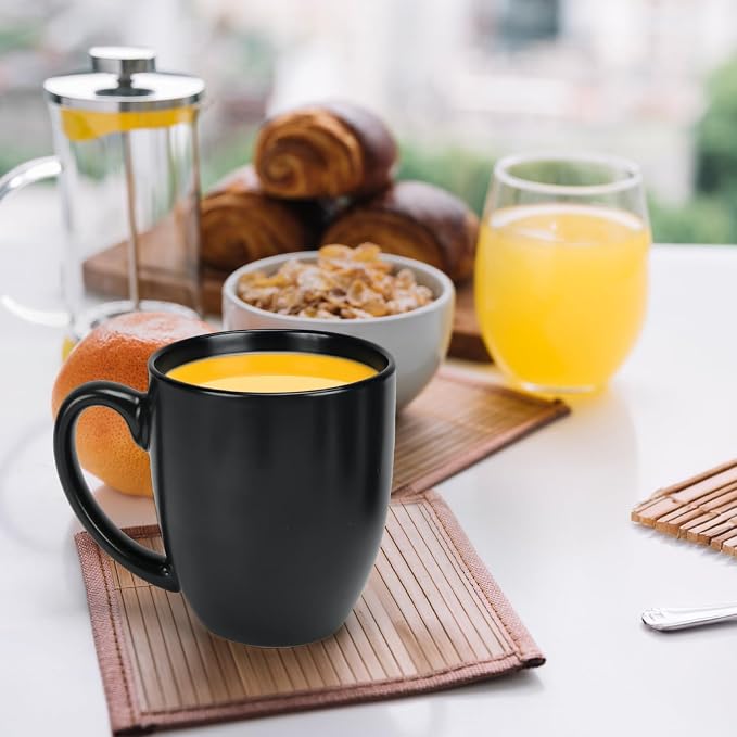 16 OZ Black Stoneware Coffee Mugs Set of 6 | Large Ceramic Coffee Cups with Handle, Porcelain Coffee Mugs Sets for Latte, Milk, Tea and Juice