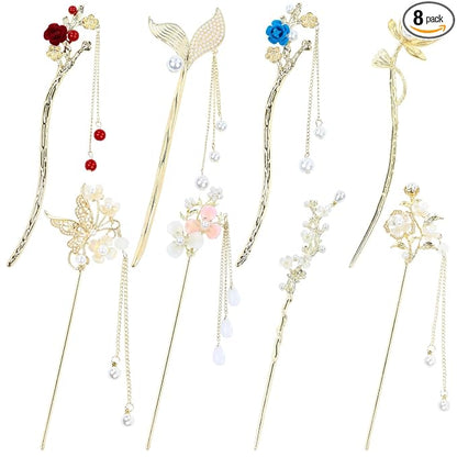 inSowni 8 Pieces Retro Vintage Asian Japanese Chinese Hanfu Gold Metal Flower Hair Sticks with Pearl Pendants Fishtail Lotus Butterfly Long Hair Pins Forks Chopsticks Bun Updo Holders for Women Girls