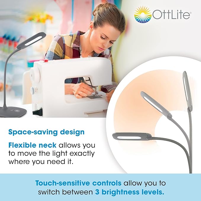 OttLite LED Soft Touch Desk Lamp - 3 Brightness Settings with Energy Efficient Natural Daylight LEDs - Adjustable Flexible Neck & Touch Controls for Tabletops, Home Office, Computer Desk, & Dorms
