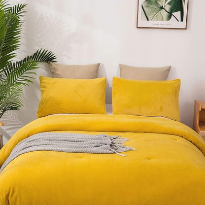 Wellboo Mustard Yellow Velvet Comforter Sets King Size Solid Fluffy Turmeric Yellow Bedding Comforters Plain Dark Yellow Sherpa Quilts Soft Warm Winter Flannel Plush Blanket Luxury Shaggy Crystal Bed