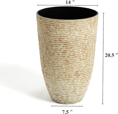 Worth 9 Gallon Tall Round Planters Set of 2-14" Dia x 21" H Stone Finish Flower Pots Indoor Decorative Container Garden Patio Unbreakable Beige