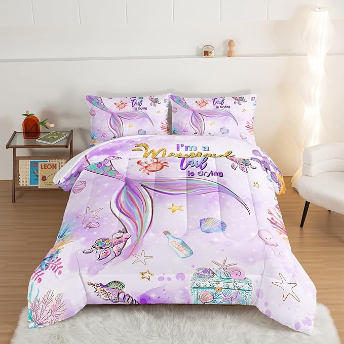 HOSIMA Kids Mermaid Comforter Set with 2 Pillowcases,Watercolor Ocean Life Sea Animal Mermaid Tail Pattern Bedding Set,Light Purpl Comforter for Teens Girls Women Bedroom Full Size Bed in a Bag Set.