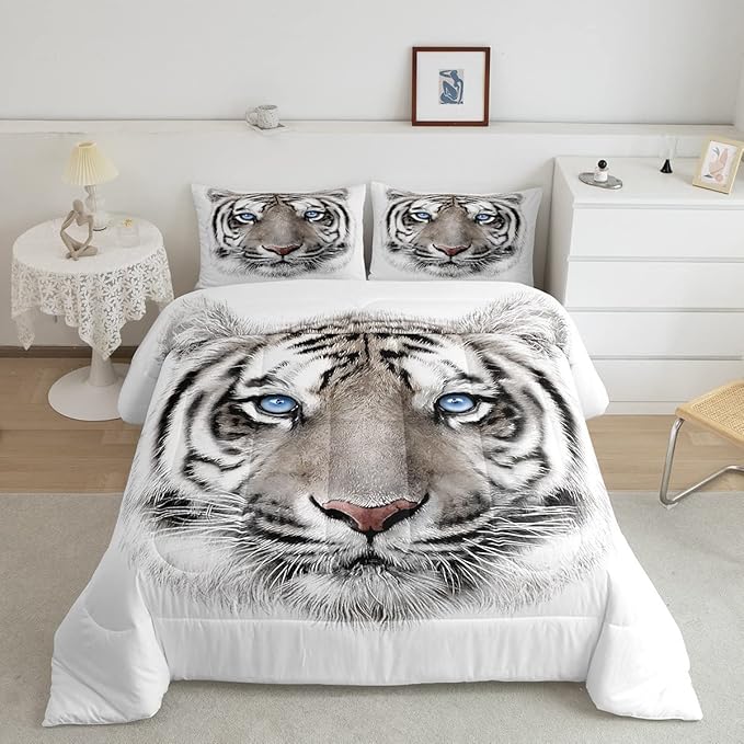 Erosebridal Boys Tiger Comforter Set King Size, Wild Animal Print Down Comforter for Boys Girls Teens Adult Bedroom, Grey Tiger Skin Duvet Insert Black White Stripe Bedding Comforters for Bedroom
