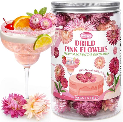 50+ Pcs Edible Pink Dried Flowers, Food Grade Helichrysum Strawflowers | Natural Edible Dried Flowers for Garnishing Cocktails, Cake Decorations, Drink Botanicals, Tea Infusions and DIY Crafts