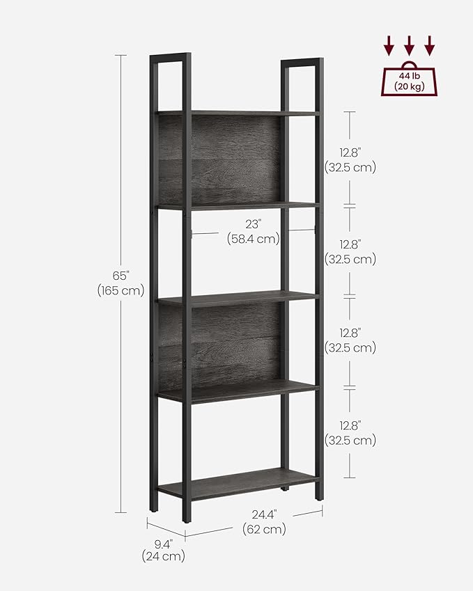 VASAGLE 5-Tier Bookshelf, Book Shelf, Industrial Bookcase, with Steel Frame, for Living Room, Home Office, Bedroom, 9.4 x 24.4 x 65 Inches, Charcoal Gray and Black ULLS025B04