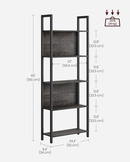 VASAGLE 5-Tier Bookshelf, Book Shelf, Industrial Bookcase, with Steel Frame, for Living Room, Home Office, Bedroom, 9.4 x 24.4 x 65 Inches, Charcoal Gray and Black ULLS025B04