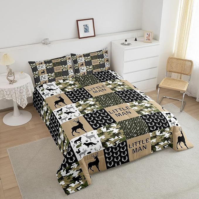 Kids Deer Antlers Animal Silhouettes Comforter Set King Size,Camo Geometric Lattices Bedding Set 3pcs for Adults Cabin Decor,Nordic Boho Arrows Quilt Set,Rustic Retro Green Duvet Insert,2 Pillowcases