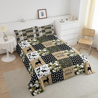 Kids Deer Antlers Animal Silhouettes Comforter Set King Size,Camo Geometric Lattices Bedding Set 3pcs for Adults Cabin Decor,Nordic Boho Arrows Quilt Set,Rustic Retro Green Duvet Insert,2 Pillowcases