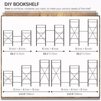 4NM Bookshelf 5 Tier Industrial Bookcase Home Office Adjustable Bookshelves Storage Shelves Organizer Vintage Book Shelf Display Rack for Living Room, Bedroom,Home- Rustic Brown