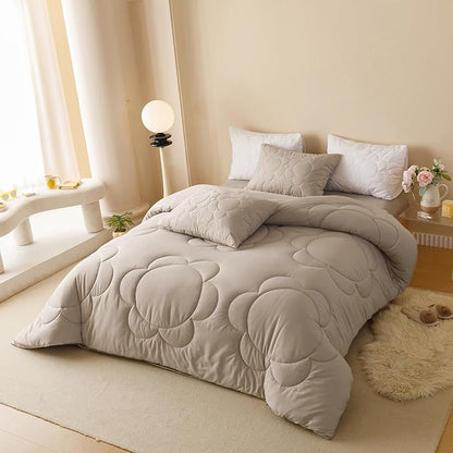 Khaki Flower Comforter King Light Champagne Sunflower Print Bed King Comforter 3 PCs Light Champagne Floral Comforter for Women Girls Bedroom Decor All Season Hotel Quality Comforter Set