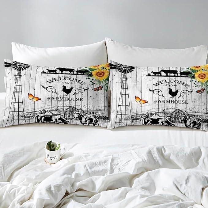 Farmhouse Windmill Comforter Set Full Size Rustic Farm Barn Door Bedding Comforter Sets for Cowboy Cowgirl, Vintage Western Cow Gifts Bedding Room Decor Butterfly Sunflowers Wooden Plank Duvet Insert