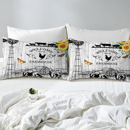 Rustic Windmill Bedding Comforter Sets Cowboys Farmhouse Comforter Set Twin Size, Western Farm Barn Door Bedding for Girls Boys Teens Sunflower Floral Western Cow Theme Quilt with 1 Pillowcase, Twin