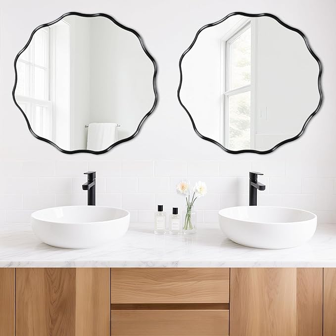Fabuady Black Round Wavy Edge Mirror - 30'' Circle Wall Mirror with Metal Frame, Decorative Hanging/Leaning Mirror for Bathroom, Bedroom, Living Room, Hallway, Entryway, Office, Home Decor